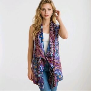 NWOT Anu Women's Colorful Open Waterfall Vest Cardigan Boho Embroidered Art Sz M